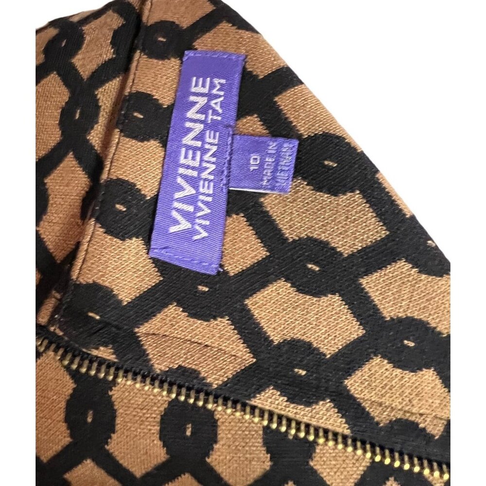 Vivienne Tam Geometric Print Black & Tan Dress With 3/4 Sleeves Size 10 Vintage - Picture 4 of 4